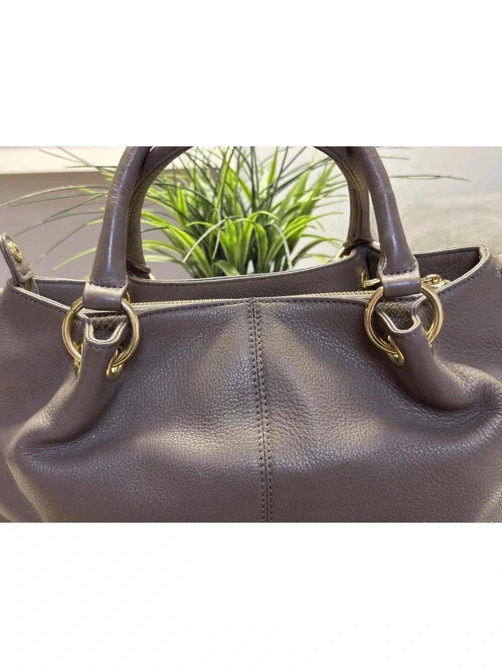 Pierre Cardin Pebbled Leather Satchel Bag Deep Taupe Gold Hardware - Top Handle